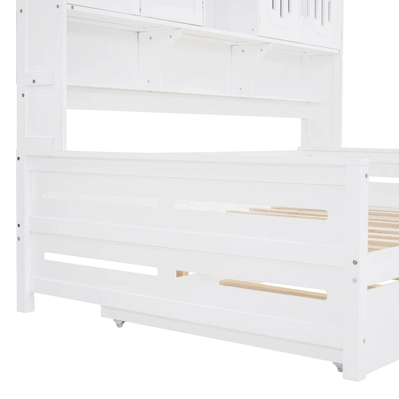 Lit de repos double en bois massif blanc avec lit gigogne double, étagères et armoires intégrées, 2 couchages