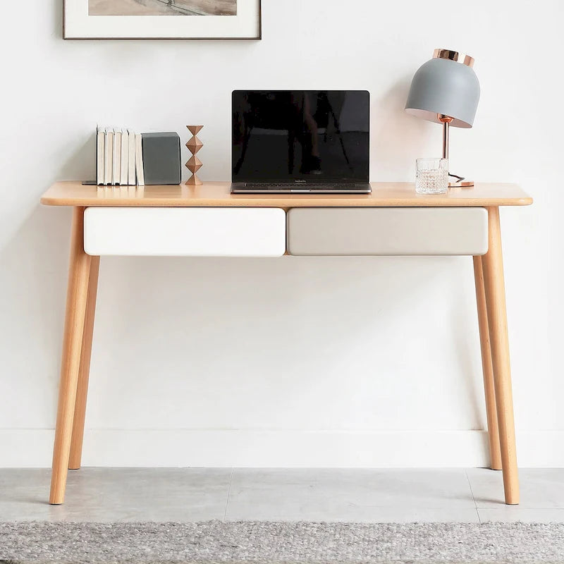 Bureau d'ordinateur en bois massif - Grand bureau de 120 cm avec 2 tiroirs