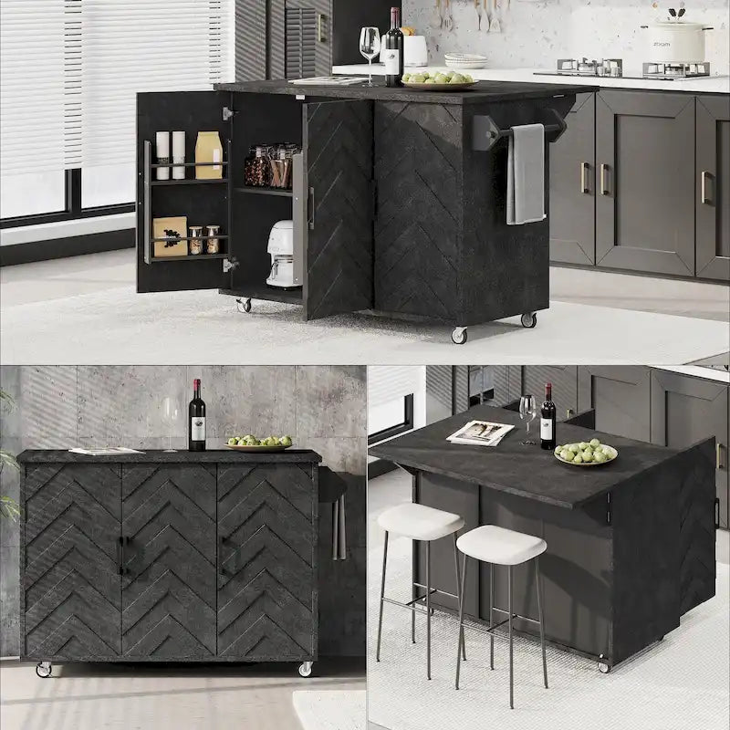 Îlot de cuisine tissé à la main avec abattant, 130 cm de large, en bois noir/naturel/bleu marine/frêne couleur champagne