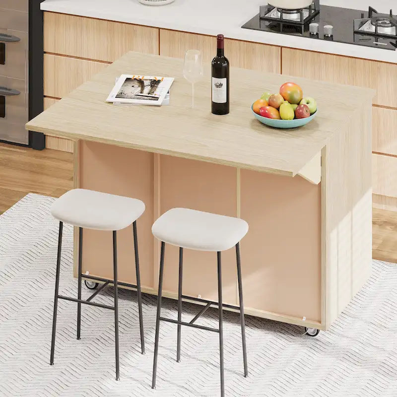Îlot de cuisine tissé à la main avec abattant, 130 cm de large, en bois noir/naturel/bleu marine/frêne couleur champagne
