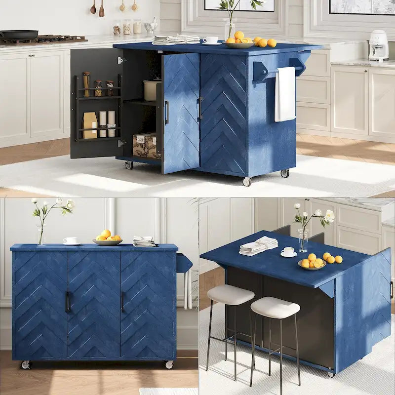 Îlot de cuisine tissé à la main avec abattant, 130 cm de large, en bois noir/naturel/bleu marine/frêne couleur champagne