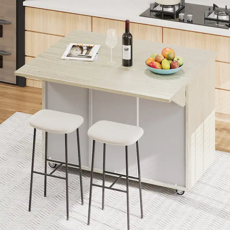 Îlot de cuisine tissé à la main avec abattant, 130 cm de large, en bois noir/naturel/bleu marine/frêne couleur champagne