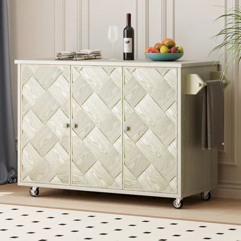 Îlot de cuisine tissé à la main avec abattant, 130 cm de large, en bois noir/naturel/bleu marine/frêne couleur champagne