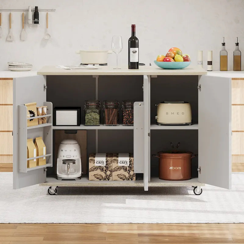 Îlot de cuisine tissé à la main avec abattant, 130 cm de large, en bois noir/naturel/bleu marine/frêne couleur champagne