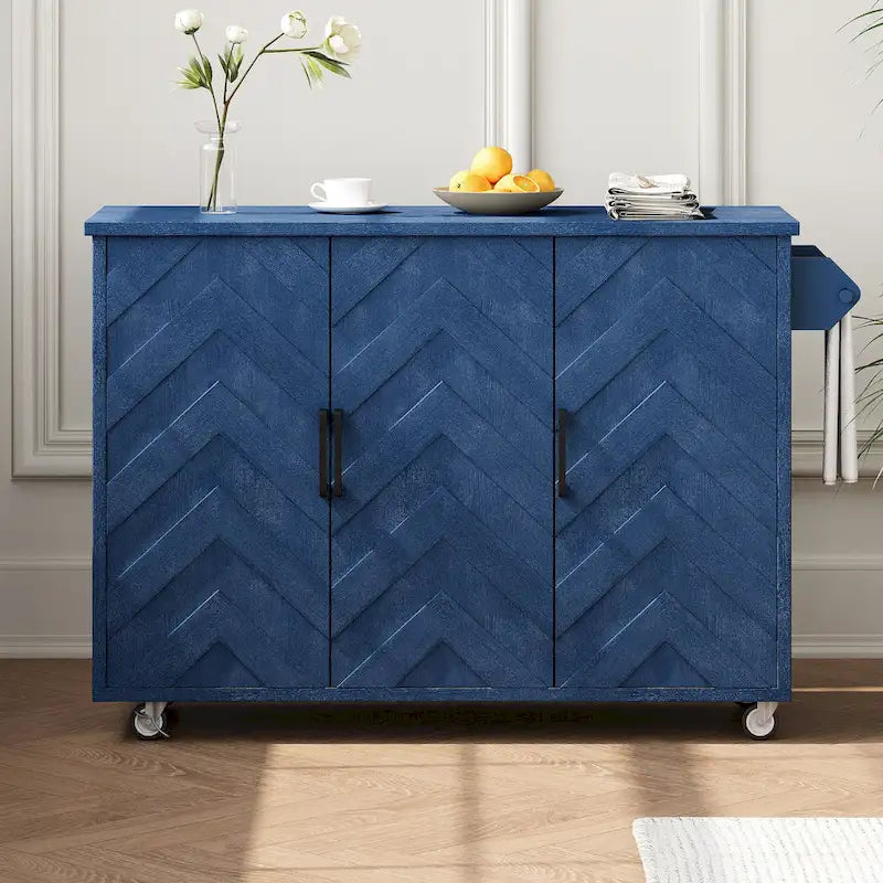 Îlot de cuisine tissé à la main avec abattant, 130 cm de large, en bois noir/naturel/bleu marine/frêne couleur champagne