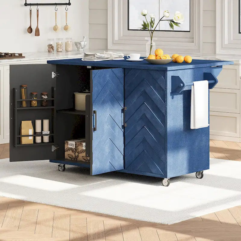 Îlot de cuisine tissé à la main avec abattant, 130 cm de large, en bois noir/naturel/bleu marine/frêne couleur champagne