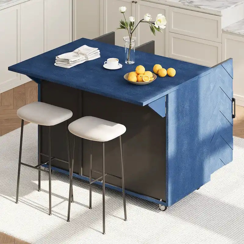 Îlot de cuisine tissé à la main avec abattant, 130 cm de large, en bois noir/naturel/bleu marine/frêne couleur champagne