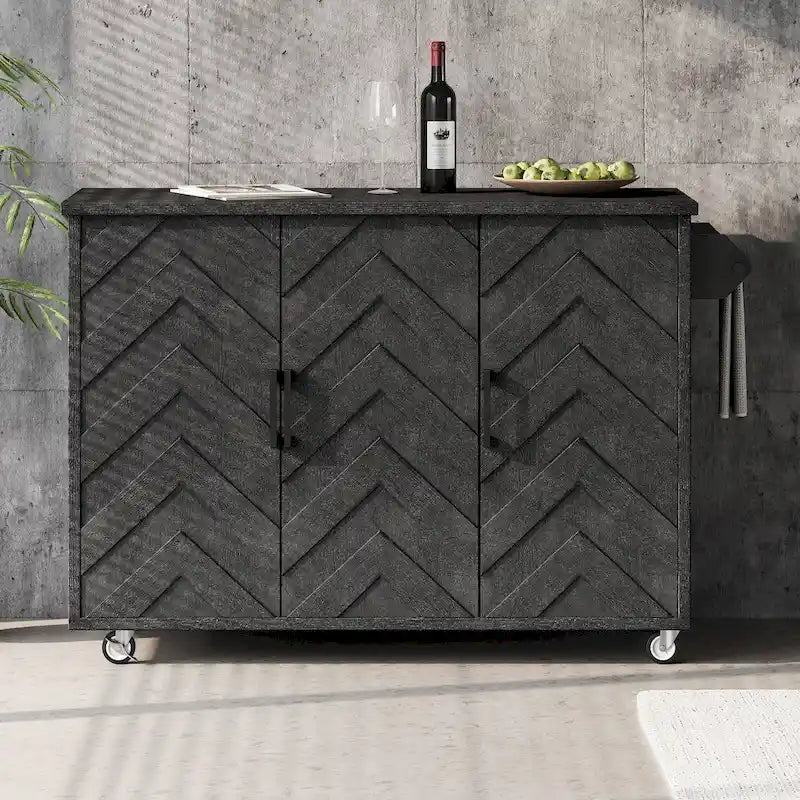Îlot de cuisine tissé à la main avec abattant, 130 cm de large, en bois noir/naturel/bleu marine/frêne couleur champagne