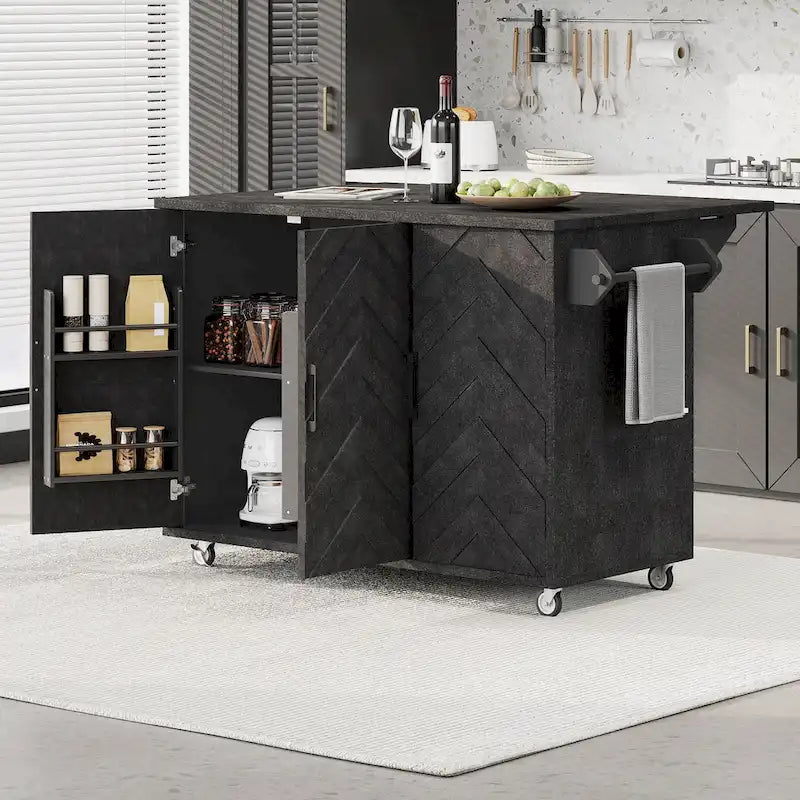 Îlot de cuisine tissé à la main avec abattant, 130 cm de large, en bois noir/naturel/bleu marine/frêne couleur champagne