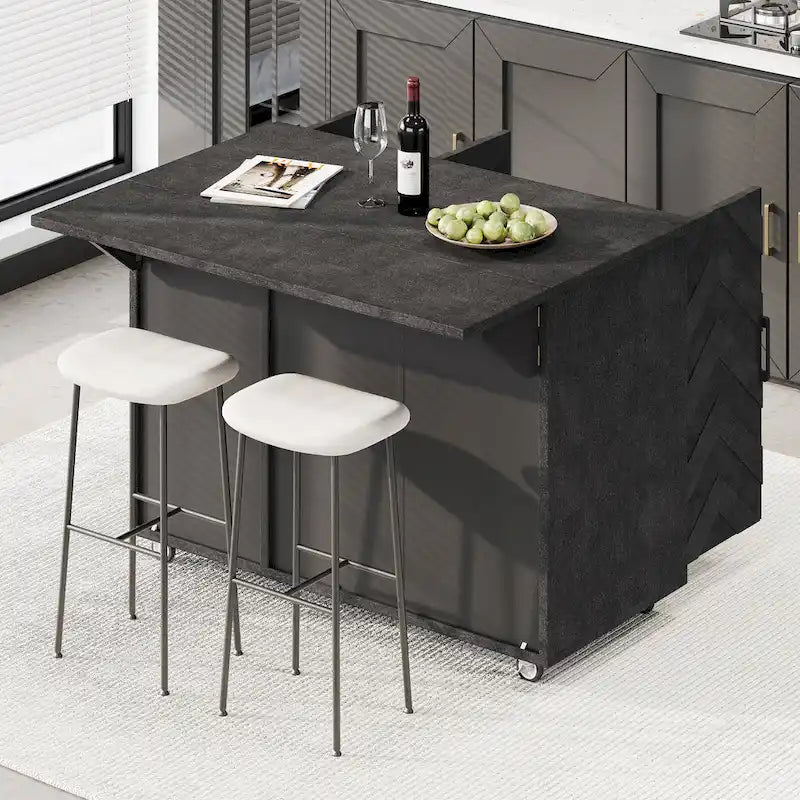 Îlot de cuisine tissé à la main avec abattant, 130 cm de large, en bois noir/naturel/bleu marine/frêne couleur champagne
