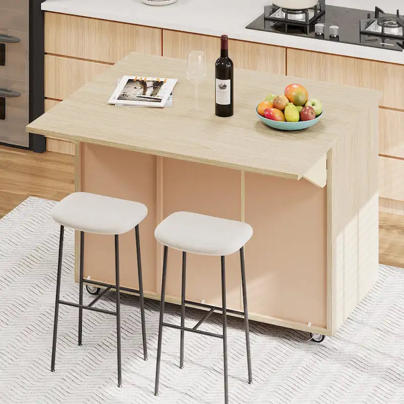 Îlot de cuisine tissé à la main avec abattant, 130 cm de large, en bois noir/naturel/bleu marine/frêne couleur champagne