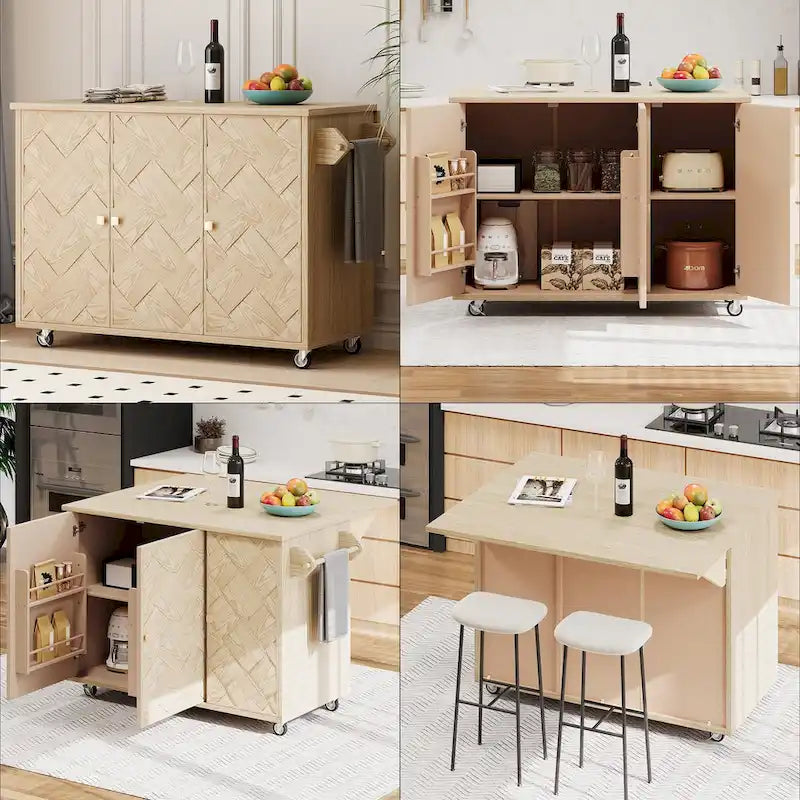 Îlot de cuisine tissé à la main avec abattant, 130 cm de large, en bois noir/naturel/bleu marine/frêne couleur champagne