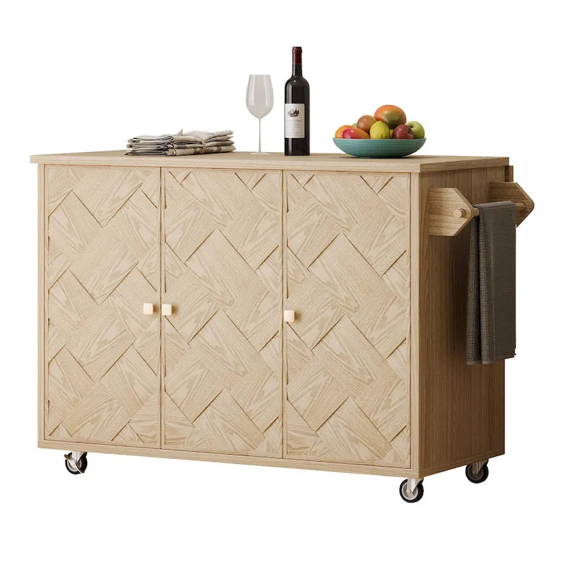 Îlot de cuisine tissé à la main avec abattant, 130 cm de large, en bois noir/naturel/bleu marine/frêne couleur champagne