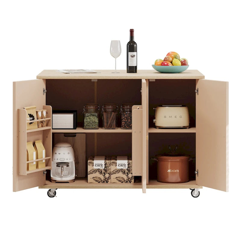Îlot de cuisine tissé à la main avec abattant, 130 cm de large, en bois noir/naturel/bleu marine/frêne couleur champagne