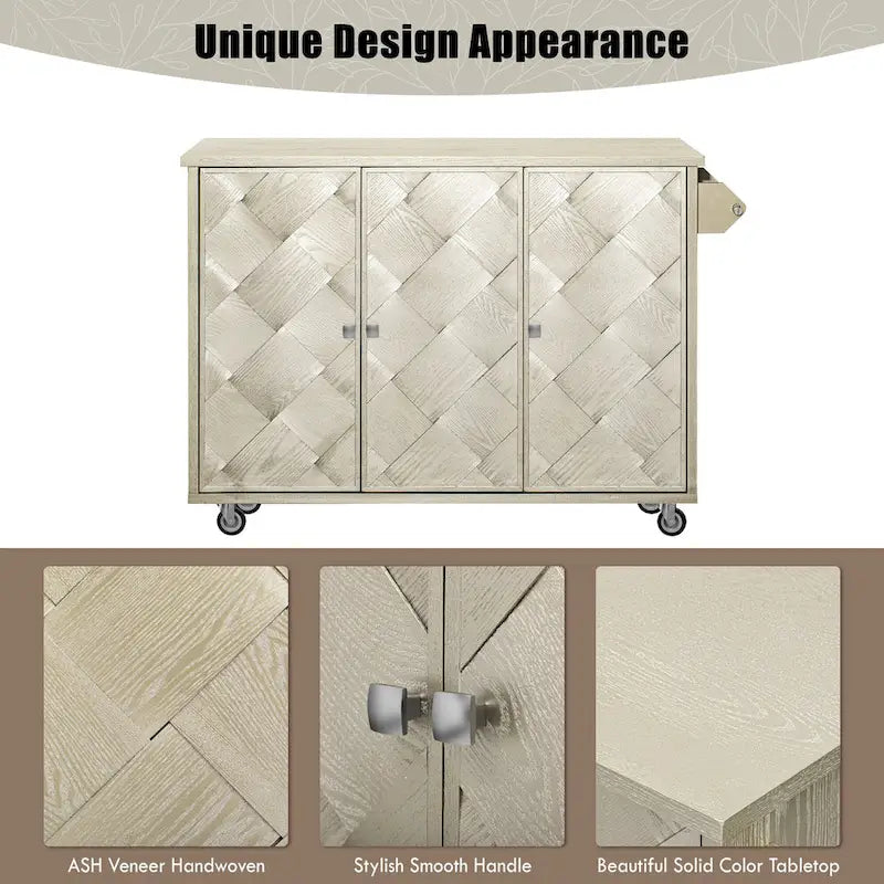 Îlot de cuisine tissé à la main avec abattant, 130 cm de large, en bois noir/naturel/bleu marine/frêne couleur champagne