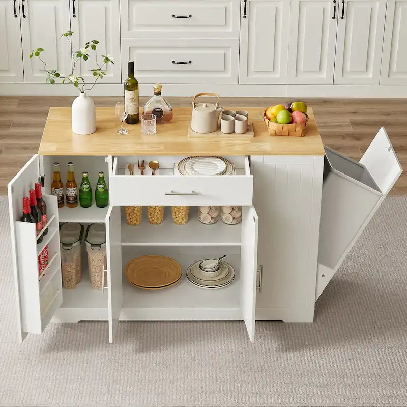 Îlot de cuisine blanc de 53 po avec meuble poubelle caché, étagères réglables et étagères latérales