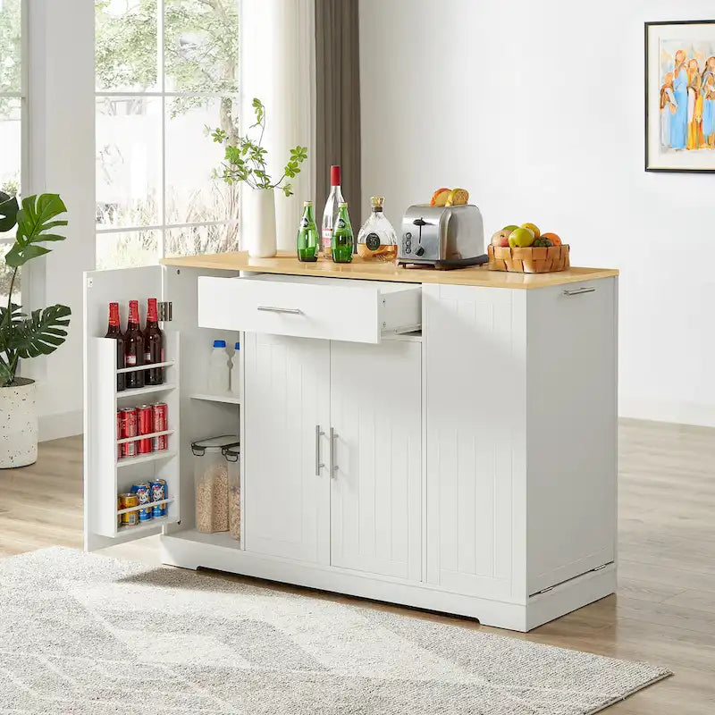Îlot de cuisine blanc de 53 po avec meuble poubelle caché, étagères réglables et étagères latérales