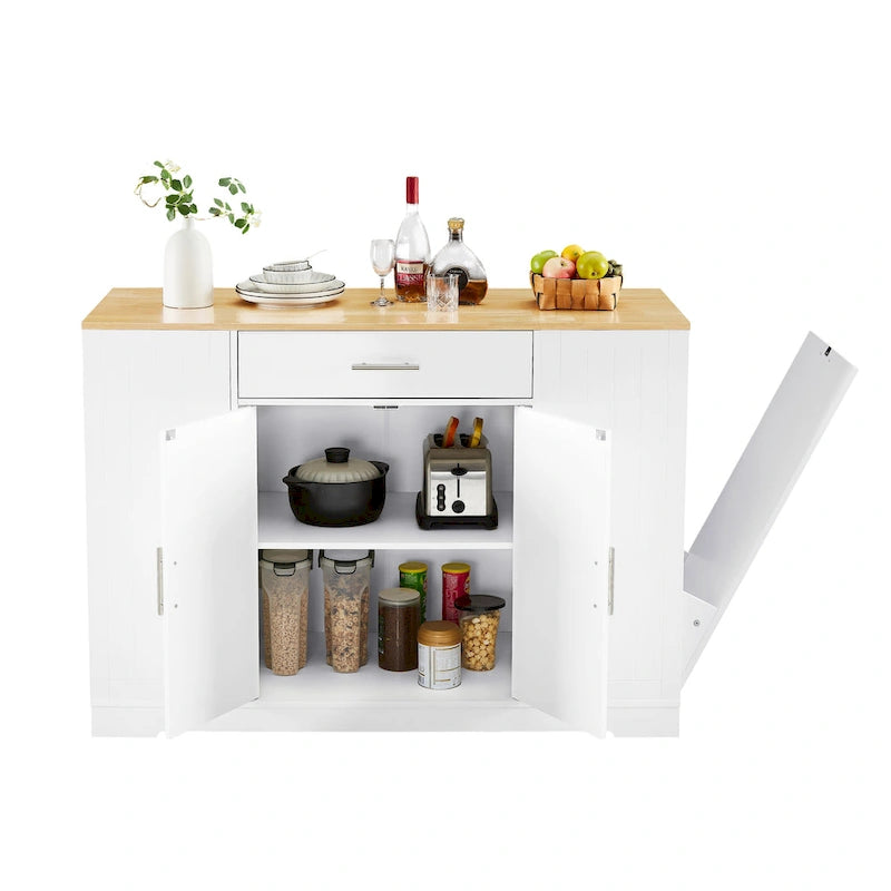 Îlot de cuisine blanc de 53 po avec meuble poubelle caché, étagères réglables et étagères latérales