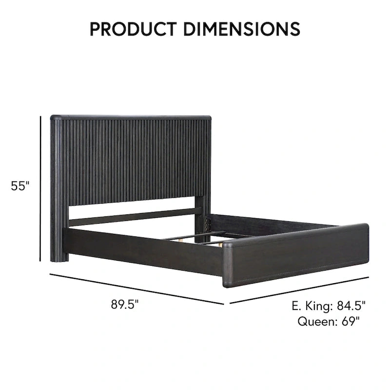 Lit à panneaux cannelés en bois d'acacia massif noir avec tête de lit verticale, grand lit / très grand lit, 2 places