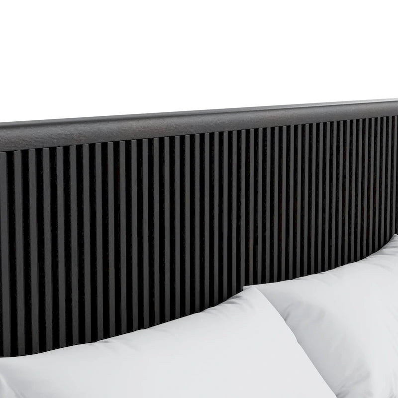 Lit à panneaux cannelés en bois d'acacia massif noir avec tête de lit verticale, grand lit / très grand lit, 2 places