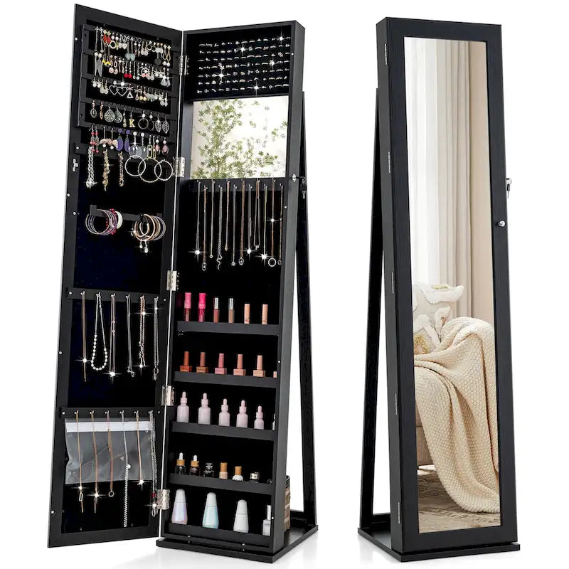 Armoire à bijoux autoportante en MDF noir avec serrure, miroir pleine longueur et intérieur en velours
