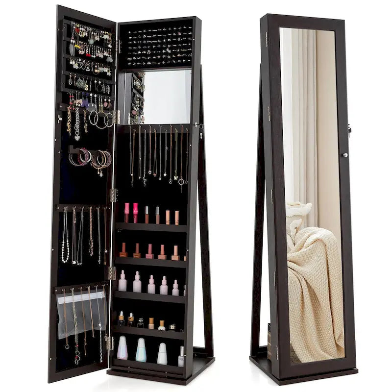 Armoire à bijoux autoportante en MDF noir avec serrure, miroir pleine longueur et intérieur en velours