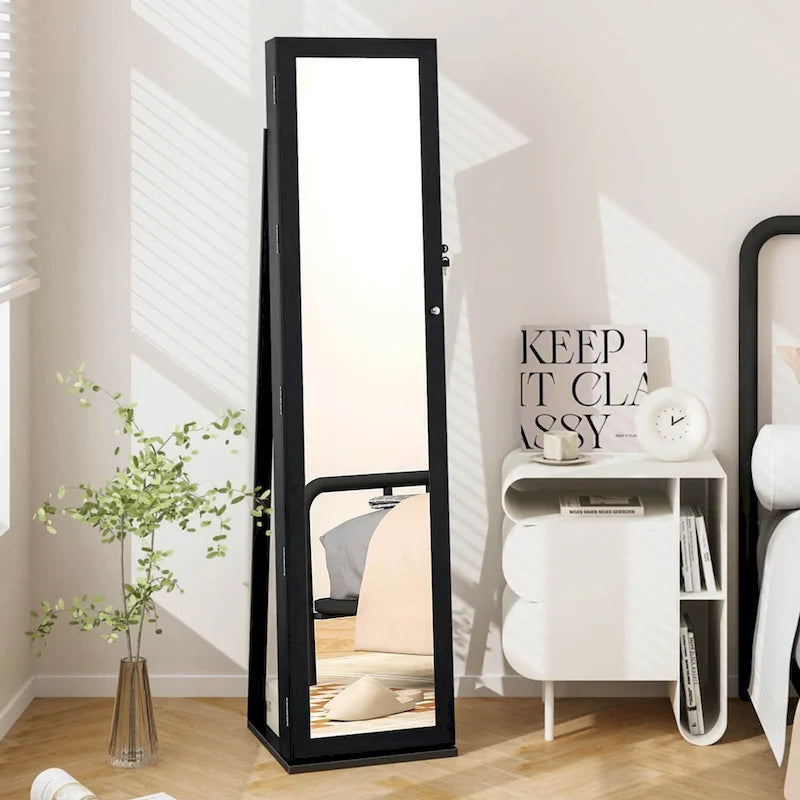Armoire à bijoux autoportante en MDF noir avec serrure, miroir pleine longueur et intérieur en velours