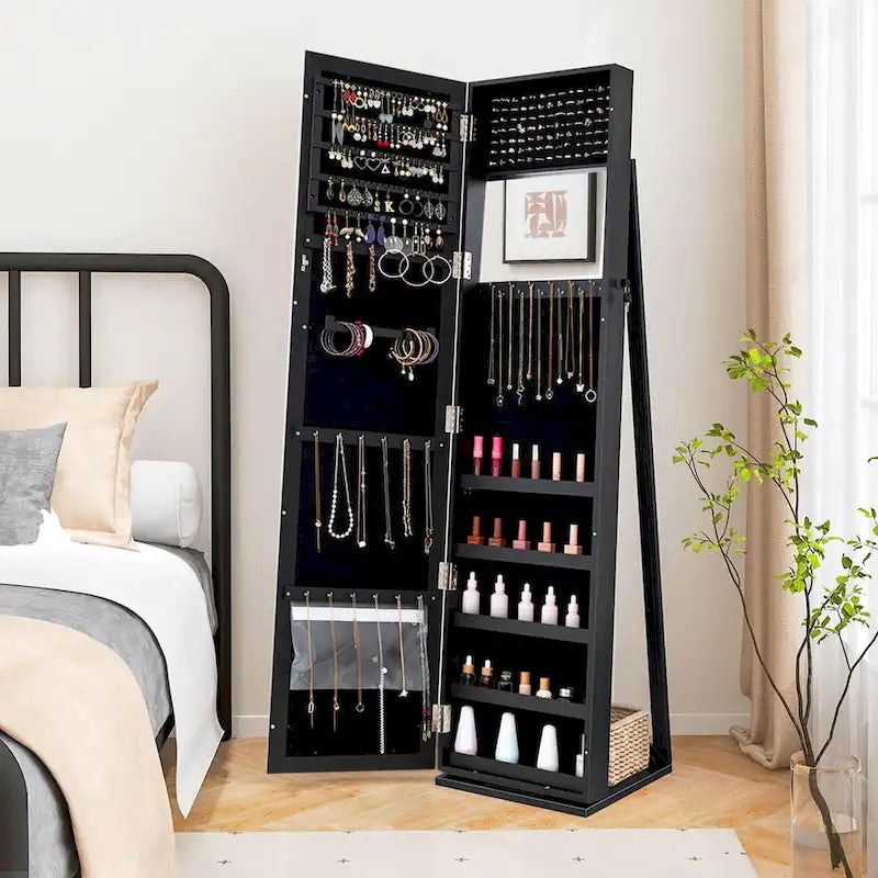 Armoire à bijoux autoportante en MDF noir avec serrure, miroir pleine longueur et intérieur en velours