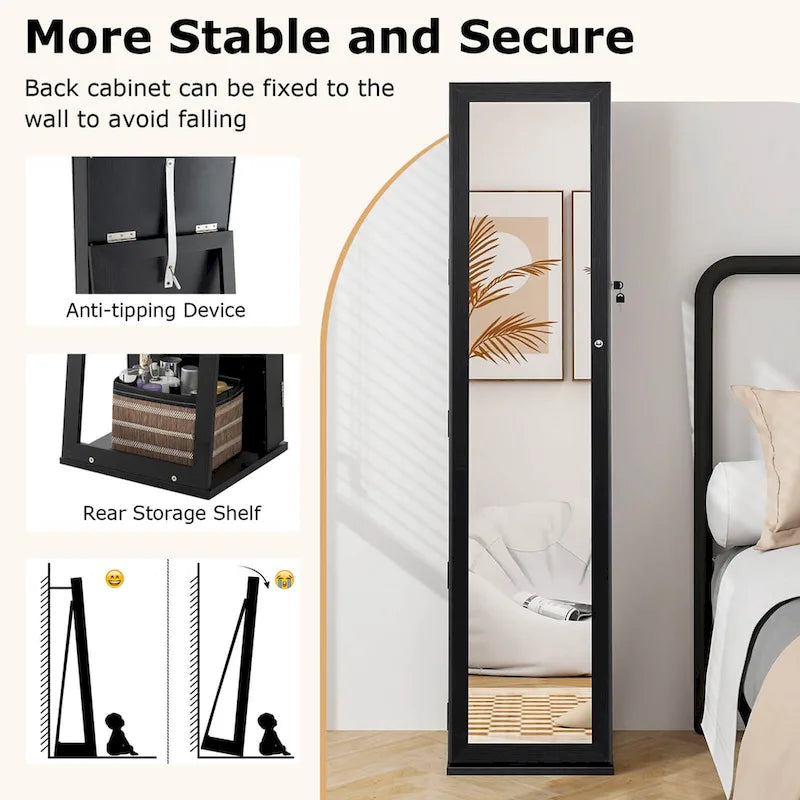 Armoire à bijoux autoportante en MDF noir avec serrure, miroir pleine longueur et intérieur en velours