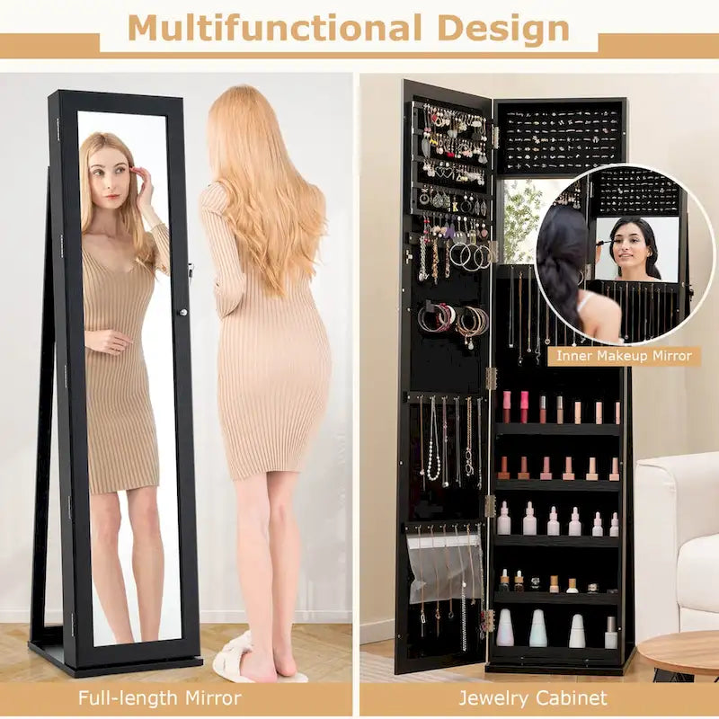 Armoire à bijoux autoportante en MDF noir avec serrure, miroir pleine longueur et intérieur en velours