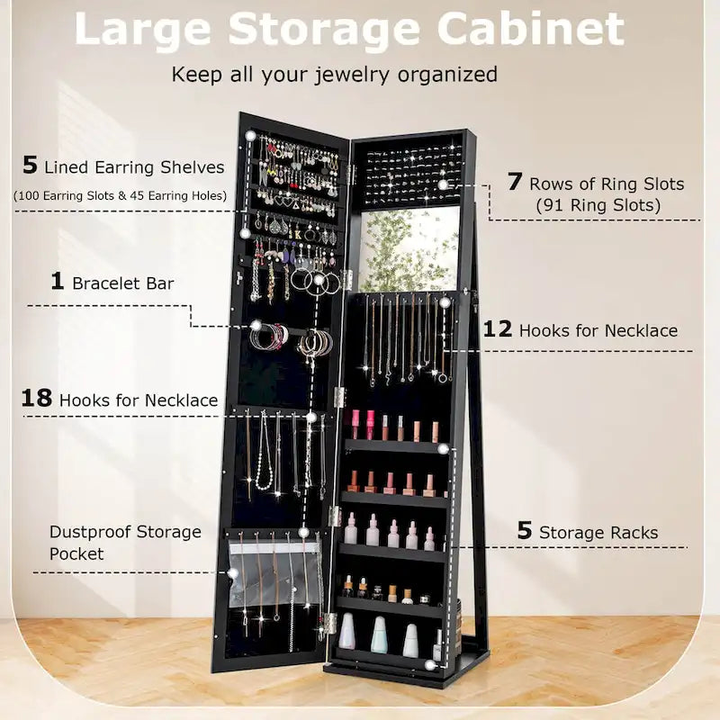 Armoire à bijoux autoportante en MDF noir avec serrure, miroir pleine longueur et intérieur en velours