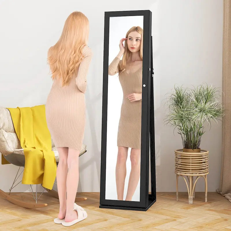Armoire à bijoux autoportante en MDF noir avec serrure, miroir pleine longueur et intérieur en velours