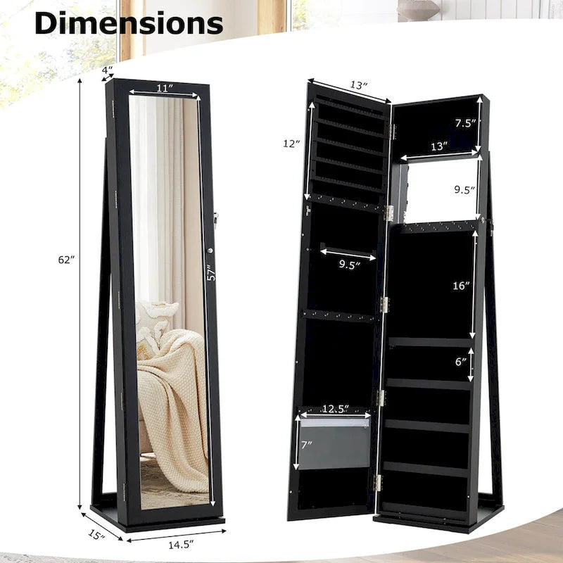 Armoire à bijoux autoportante en MDF noir avec serrure, miroir pleine longueur et intérieur en velours