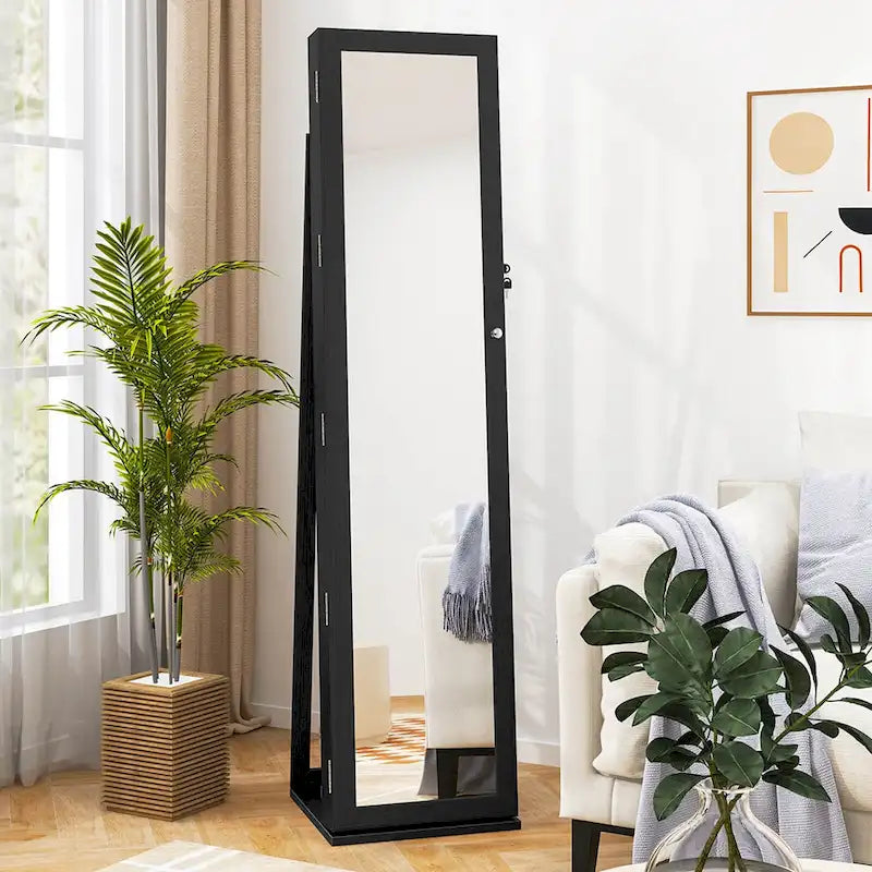 Armoire à bijoux autoportante en MDF noir avec serrure, miroir pleine longueur et intérieur en velours