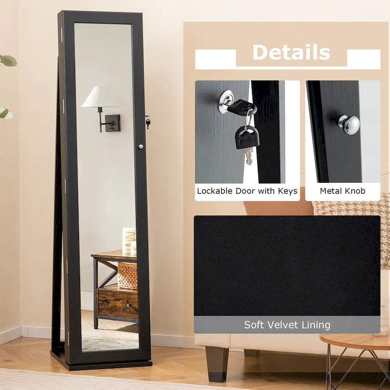 Armoire à bijoux autoportante en MDF noir avec serrure, miroir pleine longueur et intérieur en velours