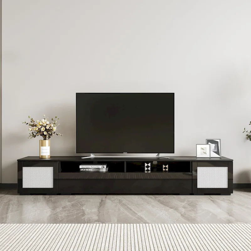 Meuble TV noir de 82 po avec lumières DEL 16 couleurs et portes push-open en rotin, convient aux téléviseurs jusqu'à 90 po