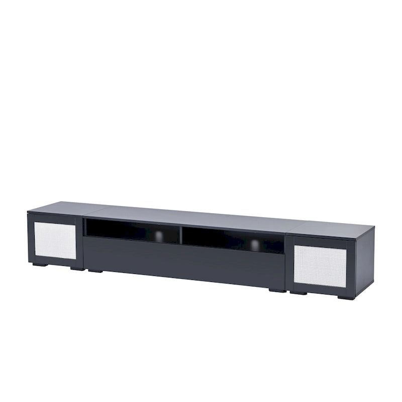 Meuble TV noir de 82 po avec lumières DEL 16 couleurs et portes push-open en rotin, convient aux téléviseurs jusqu'à 90 po