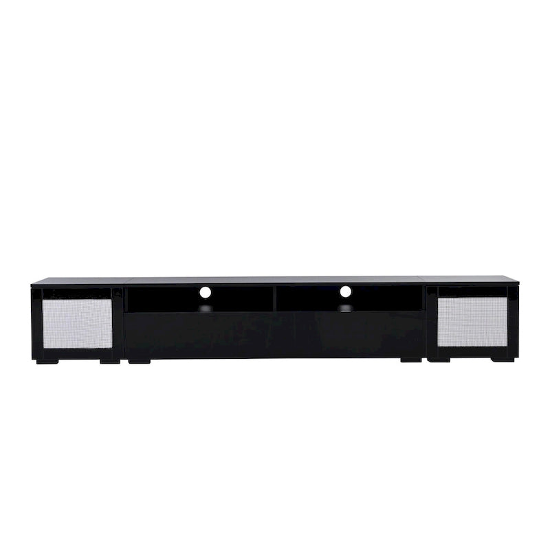 Meuble TV noir de 82 po avec lumières DEL 16 couleurs et portes push-open en rotin, convient aux téléviseurs jusqu'à 90 po