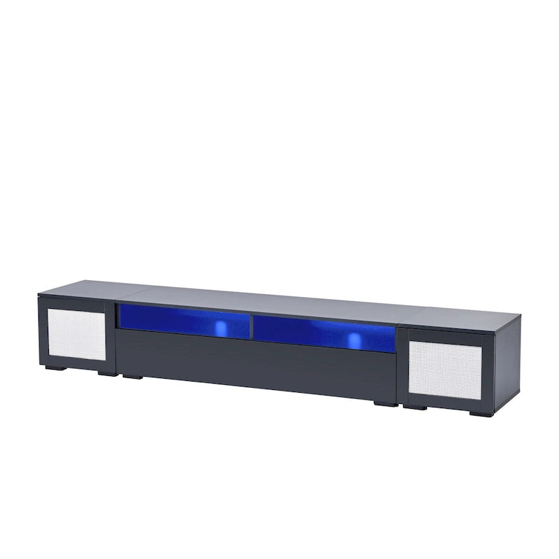 Meuble TV noir de 82 po avec lumières DEL 16 couleurs et portes push-open en rotin, convient aux téléviseurs jusqu'à 90 po