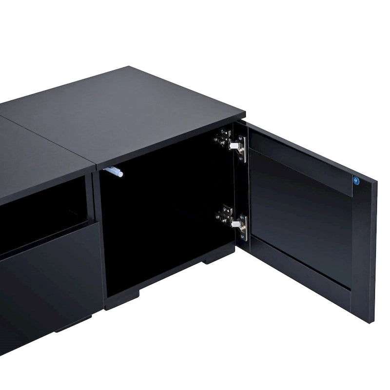 Meuble TV noir de 82 po avec lumières DEL 16 couleurs et portes push-open en rotin, convient aux téléviseurs jusqu'à 90 po