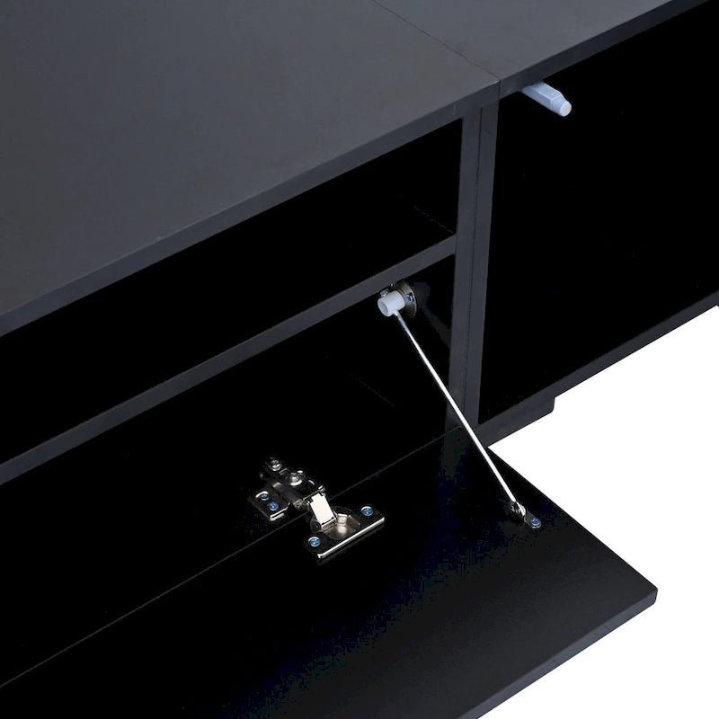 Meuble TV noir de 82 po avec lumières DEL 16 couleurs et portes push-open en rotin, convient aux téléviseurs jusqu'à 90 po