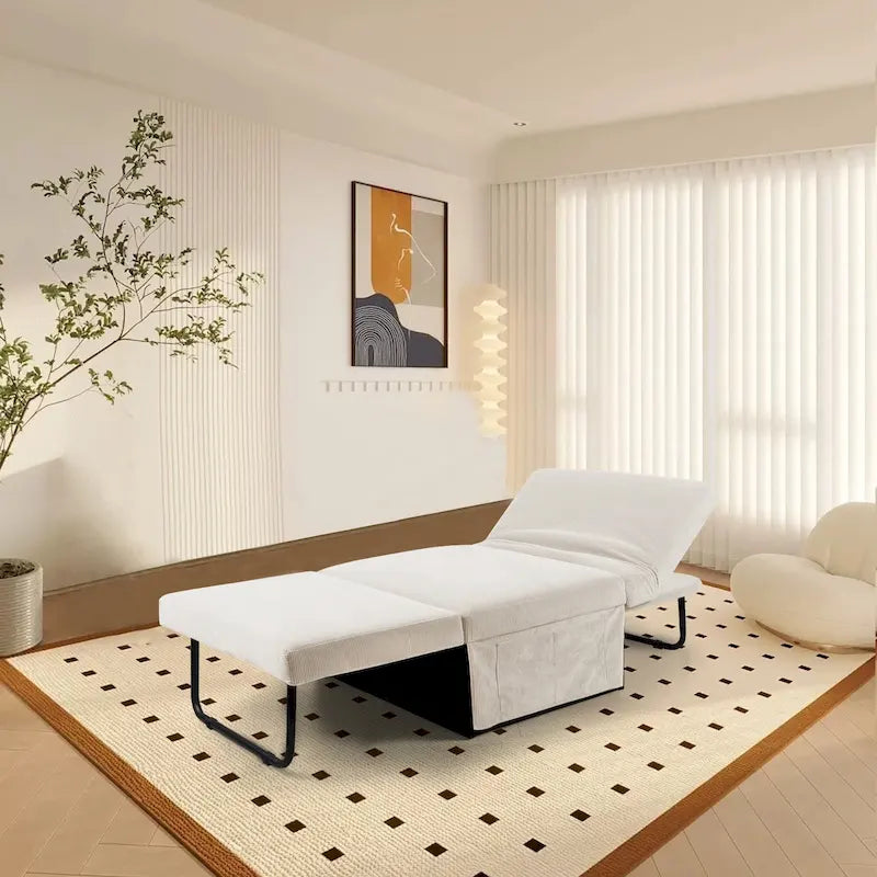 Chaise longue convertible 4-en-1 en velours côtelé blanc avec dossier réglable, 1 place