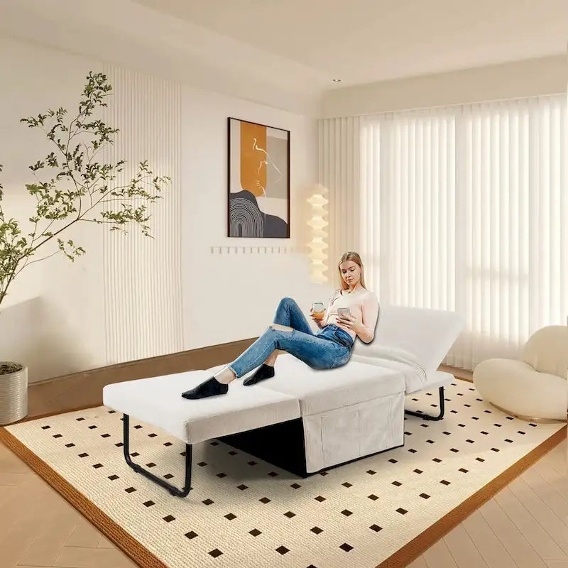 Chaise longue convertible 4-en-1 en velours côtelé blanc avec dossier réglable, 1 place