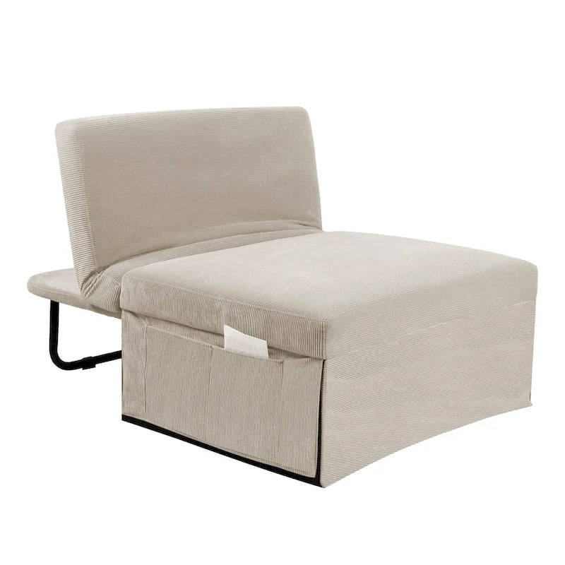 Chaise longue convertible 4-en-1 en velours côtelé blanc avec dossier réglable, 1 place