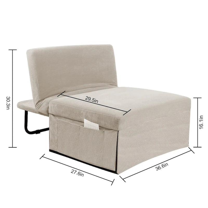 Chaise longue convertible 4-en-1 en velours côtelé blanc avec dossier réglable, 1 place