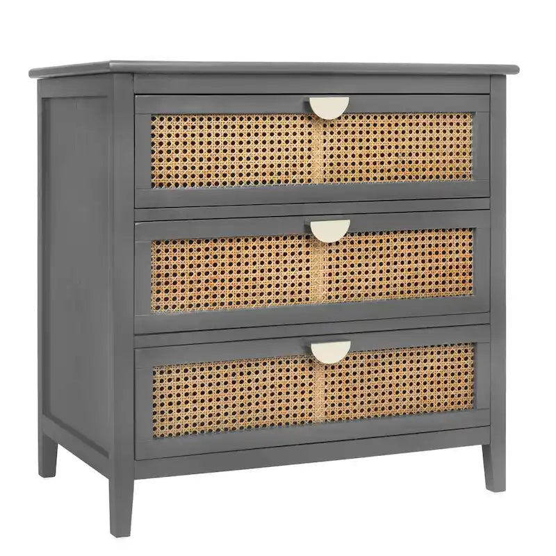Commode à 3 tiroirs en bois massif vert/gris avec placage, panneaux en rotin naturel sculptés et poignées métalliques semi-circulaires