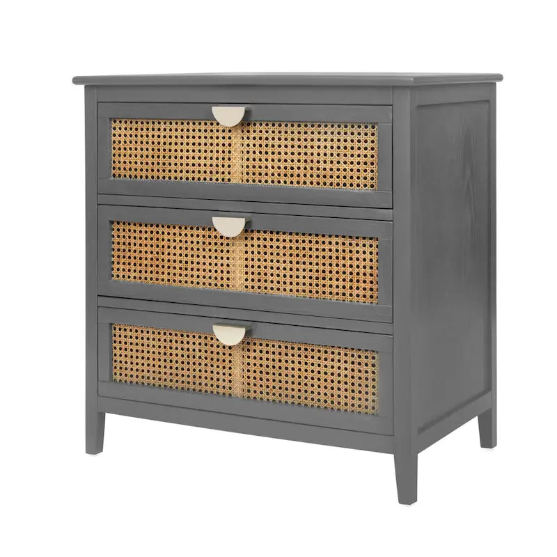 Commode à 3 tiroirs en bois massif vert/gris avec placage, panneaux en rotin naturel sculptés et poignées métalliques semi-circulaires