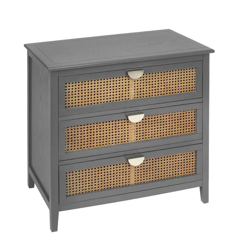 Commode à 3 tiroirs en bois massif vert/gris avec placage, panneaux en rotin naturel sculptés et poignées métalliques semi-circulaires
