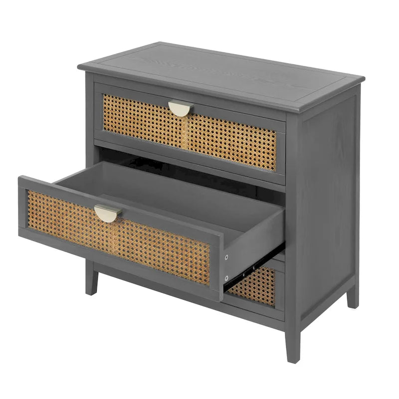 Commode à 3 tiroirs en bois massif vert/gris avec placage, panneaux en rotin naturel sculptés et poignées métalliques semi-circulaires