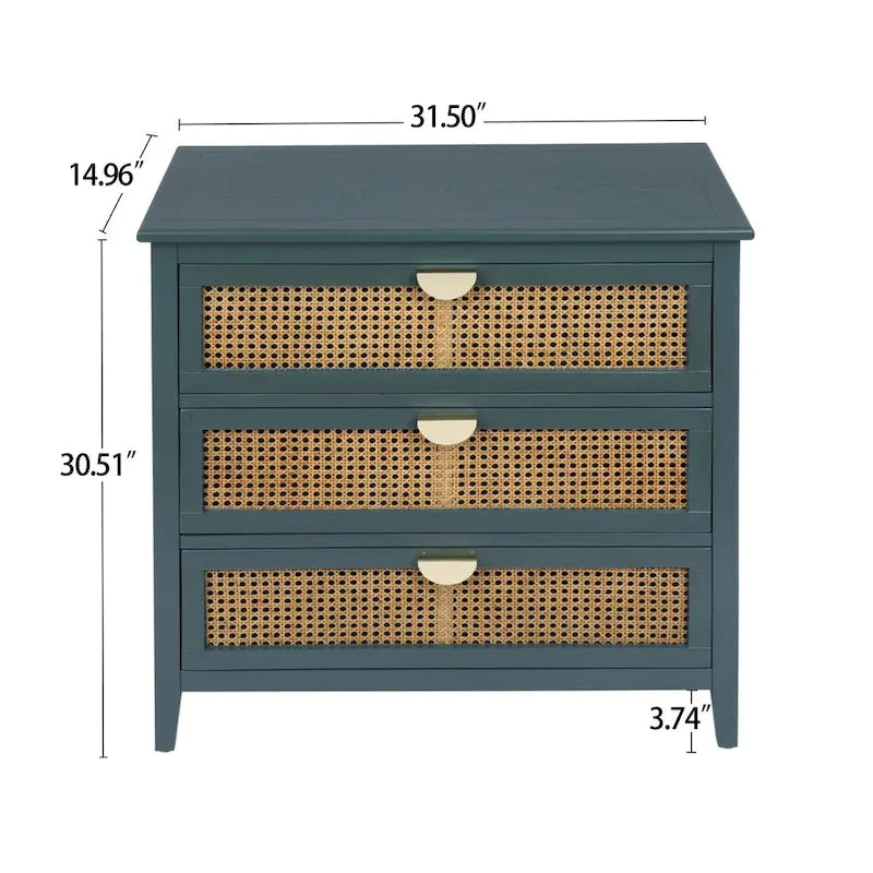 Commode à 3 tiroirs en bois massif vert/gris avec placage, panneaux en rotin naturel sculptés et poignées métalliques semi-circulaires